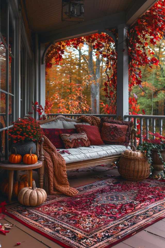 A cozy front porch with a wicker bed decorated with pillows and blankets surrounded by fall decor including pumpkins, fall leaves and potted plants. There is a patterned carpet on the wooden floor.