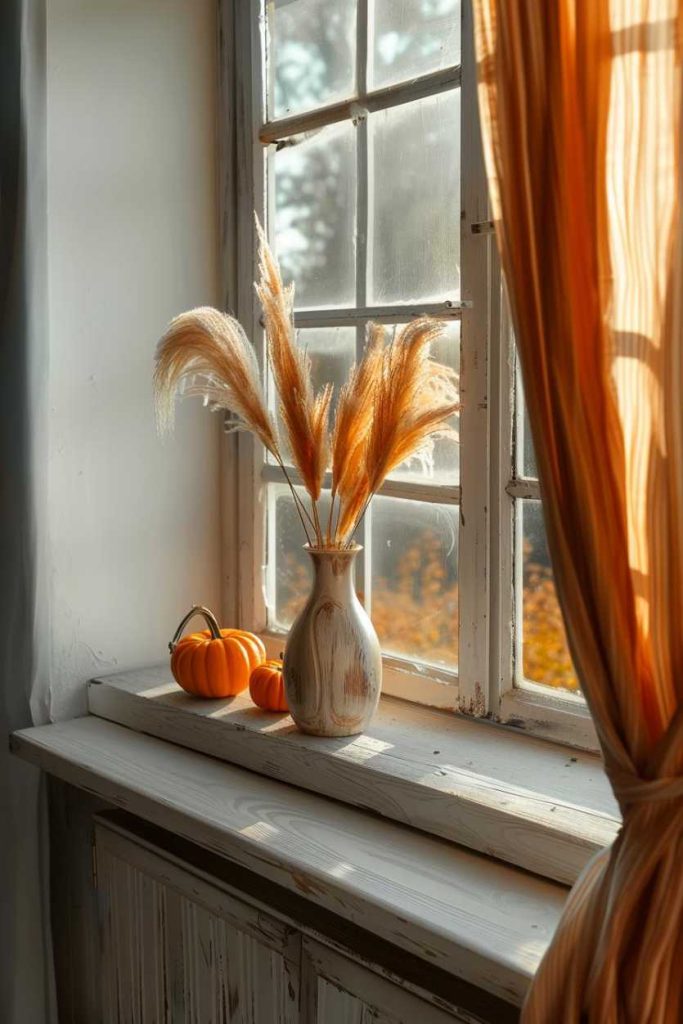 A vase of dried pampas grass and two small pumpkins sits on a windowsill with sunlight streaming through the window and orange curtains in place.