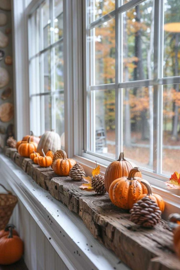 Pumpkins, pine cones and autumn leaves are arranged on a wooden windowsill with a forest backdrop visible through the window.