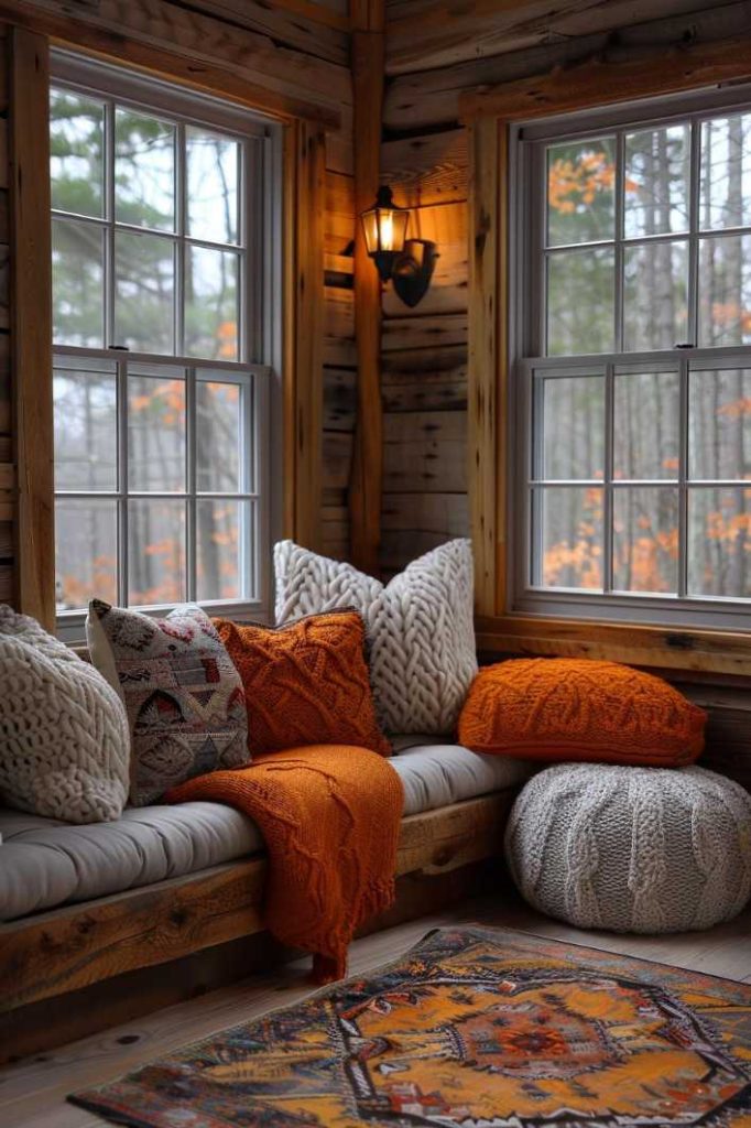 Cozy wooden corner with large windows, orange and white knitted cushions, a gray pouffe, a patterned rug and soft ambient lighting. The autumn leaves can be seen on the trees outside.