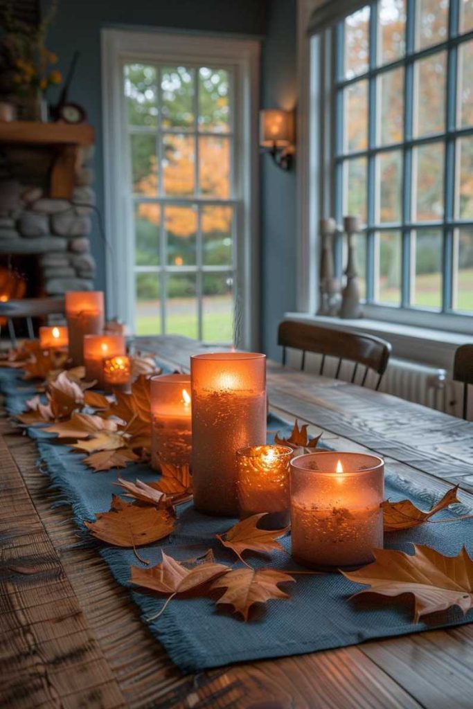 A dining table is decorated with burning candles and scattered autumn leaves. Large windows in the background look out onto a garden with trees in autumn colors.