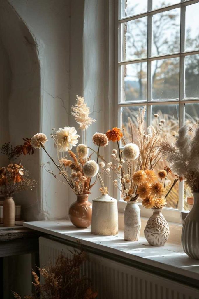 A collection of vases with various dried flowers arranged on a windowsill with sunlight streaming through.