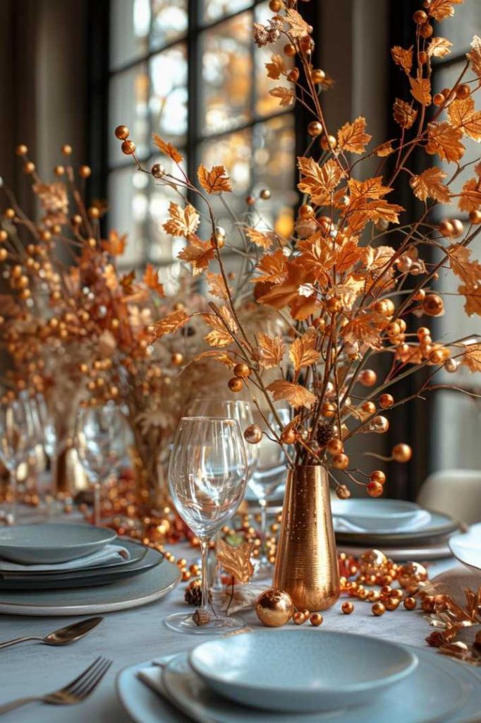 Elegant table setting with white plates, glasses and gold-accented autumn floral centerpieces with gold leaves and berries. Large windows in the background.