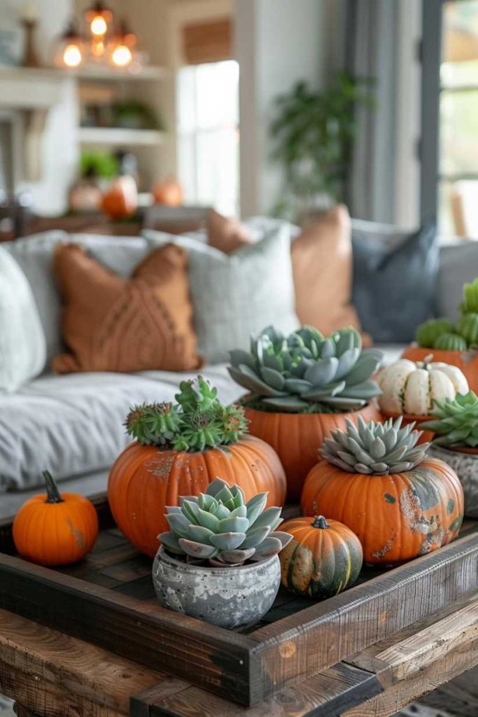 A living room scene featuring a wooden table with a centerpiece of pumpkins and succulents surrounded by neutral pillows on a couch.