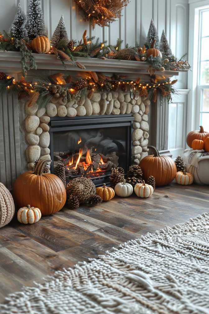 A stone fireplace decorated with pumpkins, pine cones and fairy lights. A fire burns in the fireplace and there is a large carpet on the wooden floor in front of it.