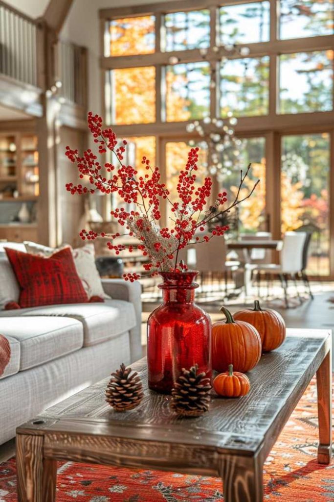 A living room with fall decorations including a red vase with berry branches, small pumpkins and pine cones on a wooden coffee table. Large windows in the background show autumn leaves outside.