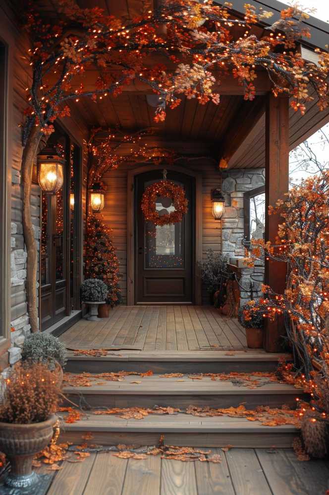 An autumn decorated wooden porch with orange leaves, a wreath on the door, potted plants and warm fairy lights.