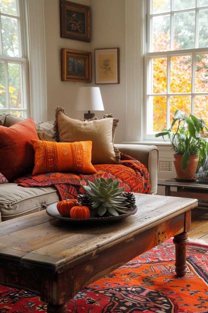 A cozy living room with a beige sofa decorated with orange pillows and a red throw, a wooden coffee table and a plant by the window. Natural light enters the room through the large windows.