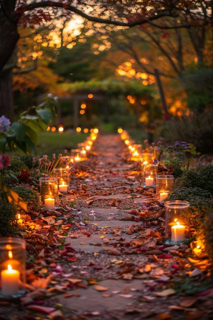 A path lined with burning candles in glasses, surrounded by fallen leaves. Trees with fall foliage line both sides of the path, creating a warm, inviting atmosphere.