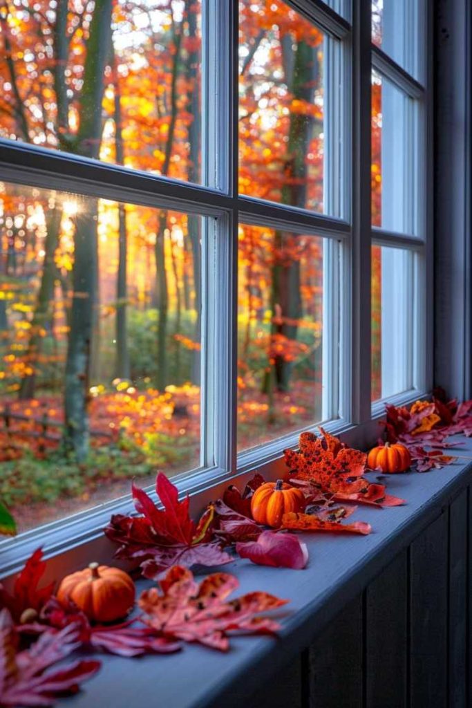 A window view of an autumn forest with vibrant fall foliage outside. The windowsill is decorated with small pumpkins and colorful autumn leaves.