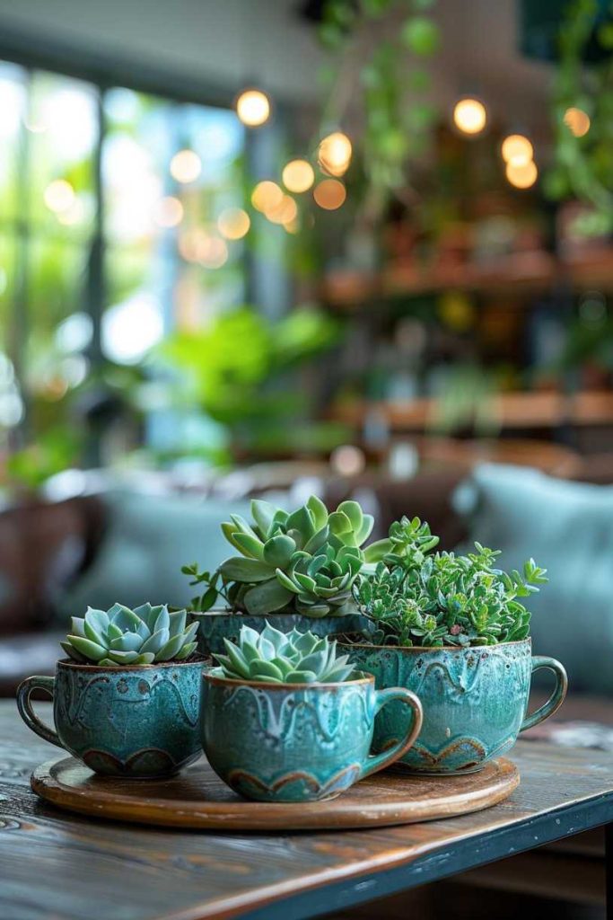 Four succulents in teal ceramic pots rest on a wooden tray, placed on a table in a well-lit room with plants and fairy lights in the background.