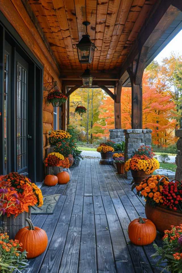 Wooden porch decorated with fall flowers and pumpkins leading to the entrance of a log cabin. Trees with autumn leaves can be seen in the background.