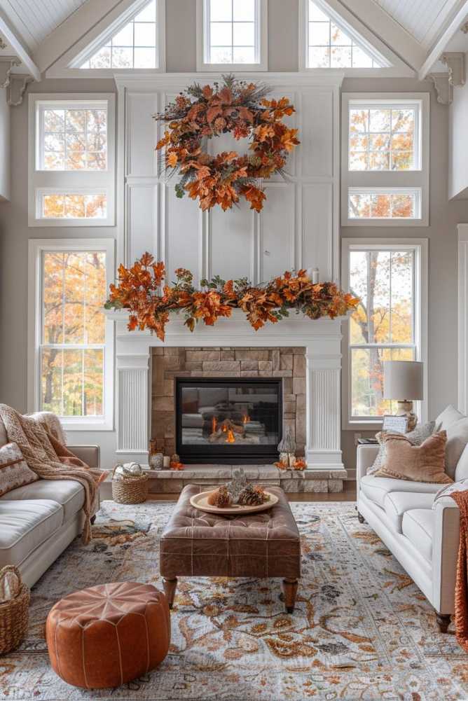 A cozy living room features a fireplace decorated with fall leaves and a wreath, surrounded by sofas and a patterned rug, and large windows that let in natural light.