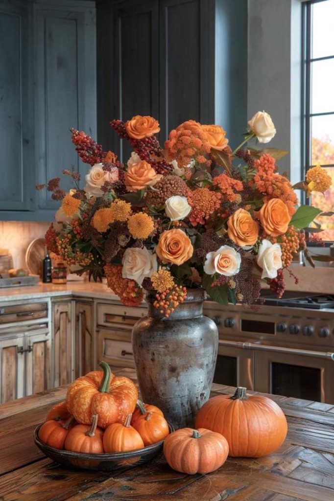 A rustic kitchen with a large gray vase containing an arrangement of orange and white roses, other fall flowers and foliage. On a table there is a bowl with small pumpkins and three larger pumpkins.