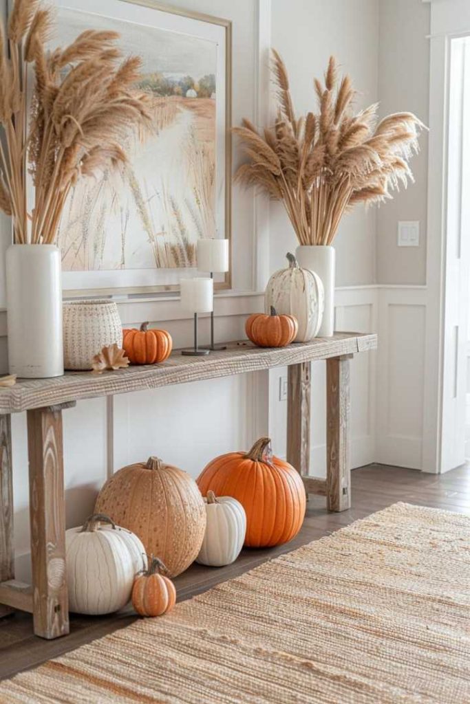 A hall table decorated with dried pampas grass in tall vases, framed artwork, candles and white and orange pumpkins in various sizes on and under the table. There is a woven carpet on the wooden floor.