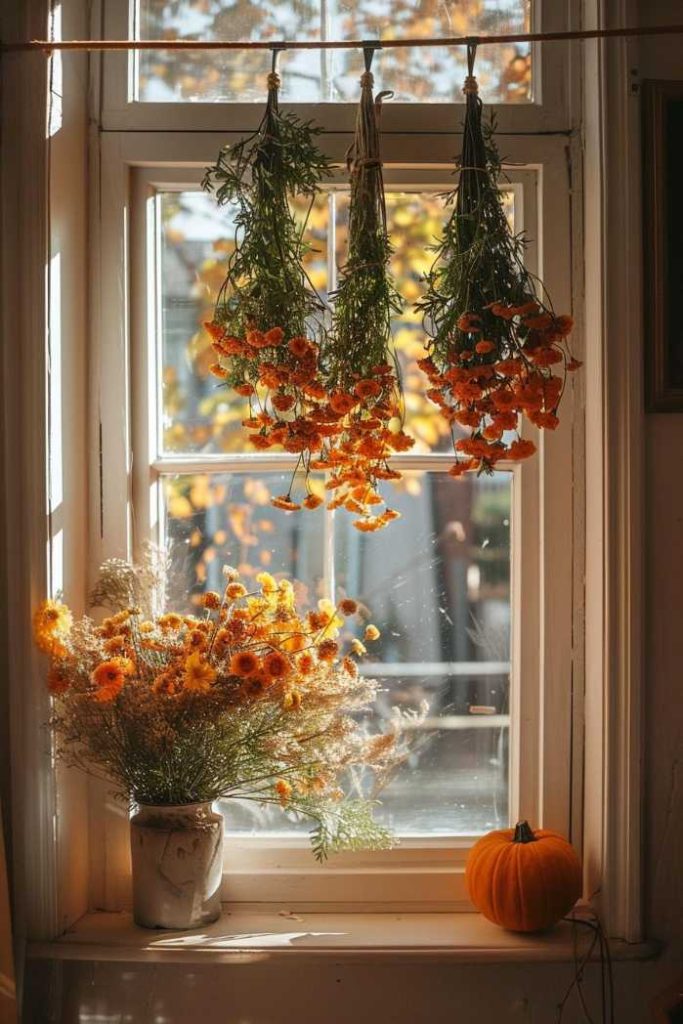 A window with hanging bunches of dried orange blossoms, a vase of dried flowers on the windowsill and a small pumpkin next to it.