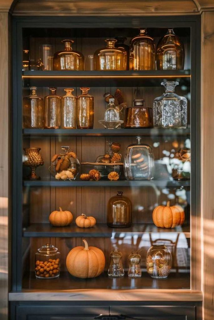 In a wooden cabinet, various jars of dried samples and three pumpkins are displayed on the bottom two shelves.