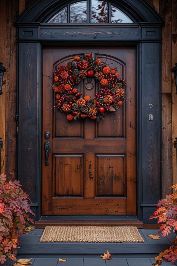 A wooden door decorated with a large, colorful autumn wreath with berries and pine cones. A doormat is placed in front of it and autumn leaves are scattered.