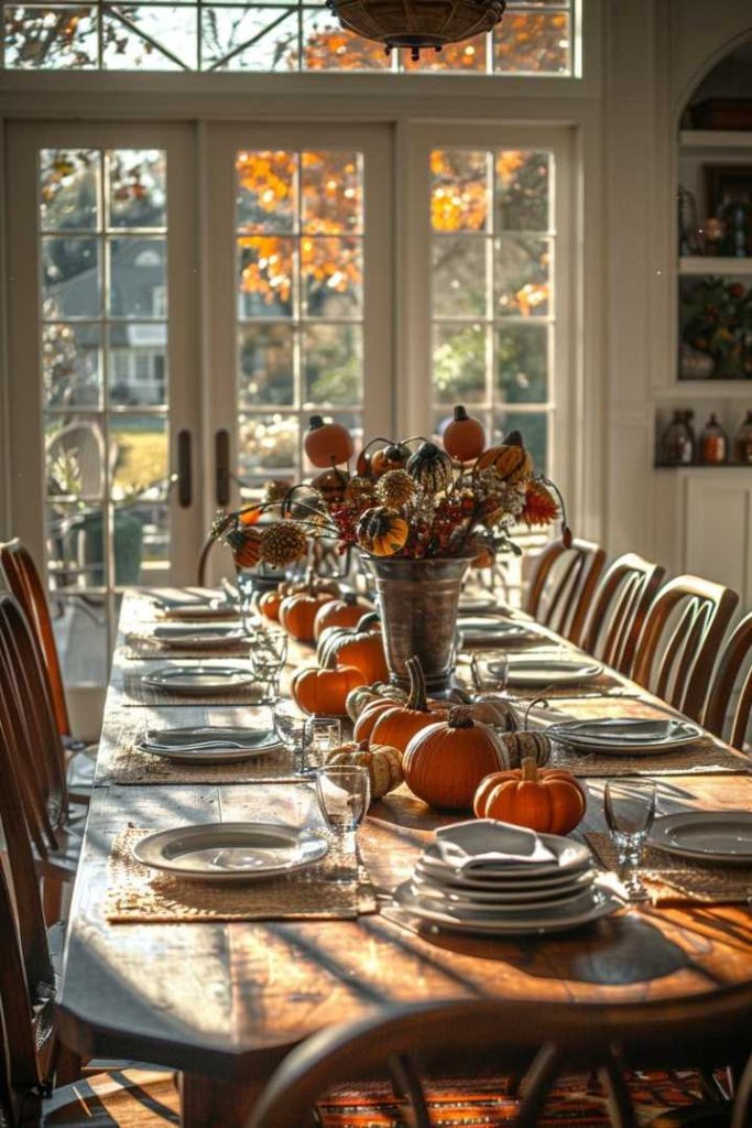 A dining table set for a meal decorated with a centerpiece of flowers and pumpkins. Sunlight streams in through the large windows in the background.