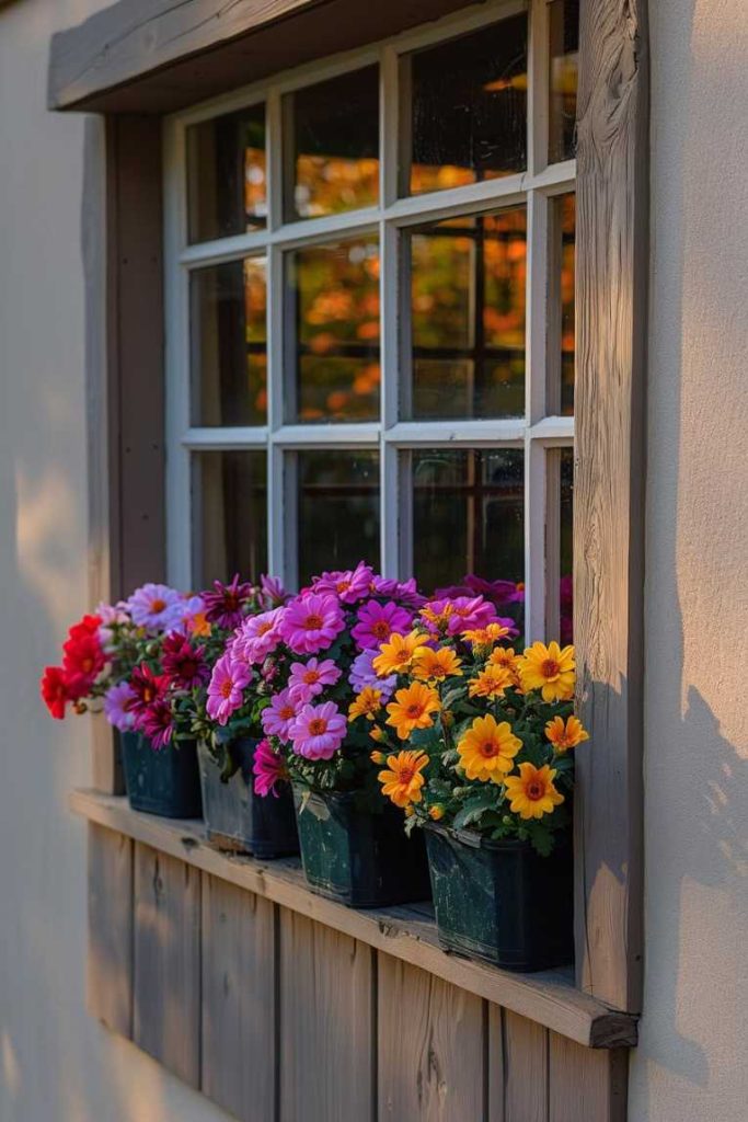 Four pots of colorful flowers, including red, purple, pink and yellow blooms, stand on a wooden windowsill with a window pane and sunset reflections in the background.