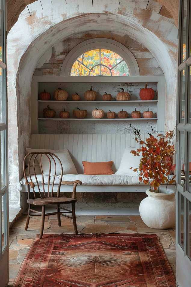 A cozy corner with a bench, white cushions and pumpkins on shelves. In the background there is an arched window and a wooden chair with a red carpet on the floor. There is an autumn-themed potted plant nearby.