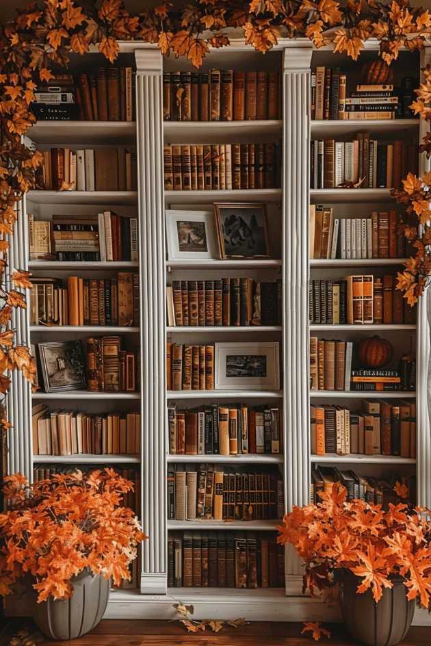 A bookshelf full of books and framed pictures decorated with fall decorations including orange leaves and potted plants.