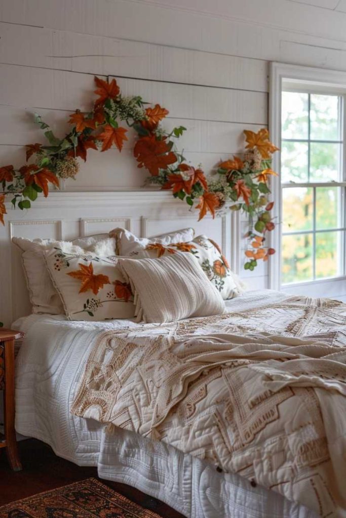 A cozy bed with white and patterned linens is decorated with fall-themed pillows and a garland of leaves is draped over the headboard. A window on the right lets in natural light.