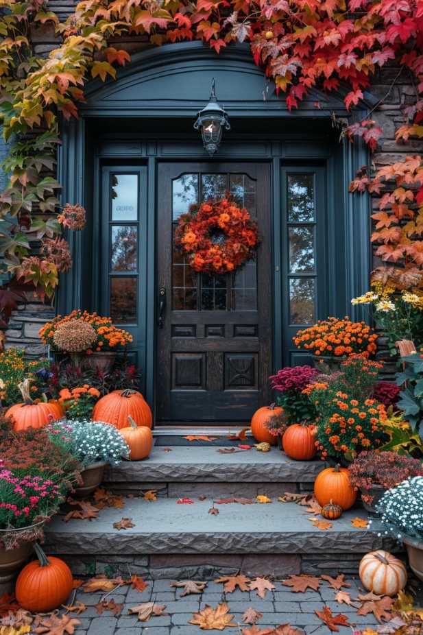 An autumnally decorated front door with orange pumpkins, colorful chrysanthemums and a wreath. Red and orange ivy climbs the surrounding wall and fallen leaves litter the steps.