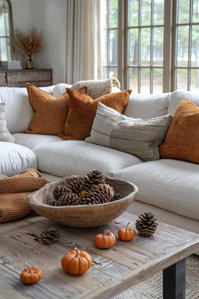 A cozy living room with a white couch, orange and neutral pillows, a wooden bowl of pine cones and small pumpkins on a wooden coffee table next to large windows.