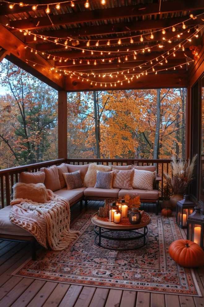 Cozy terrace with a sofa set, pillows and a blanket surrounded by autumn trees. Illuminated fairy lights hang overhead and the room is decorated with candles, pumpkins and dried plants.