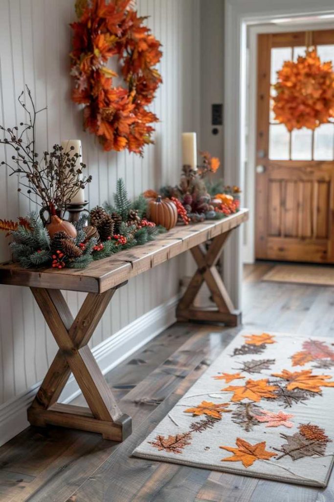 A fall decorated hallway with a wooden table with pumpkins, foliage and candles. An autumn wreath hangs on the wall and on the door. There is a carpet with an autumn motif on the wooden floor.