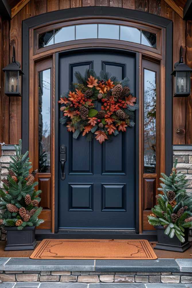 A dark blue door decorated with an autumn wreath flanked by two small potted pine trees on a porch with a stone step and mat. There are lanterns on both sides of the door.