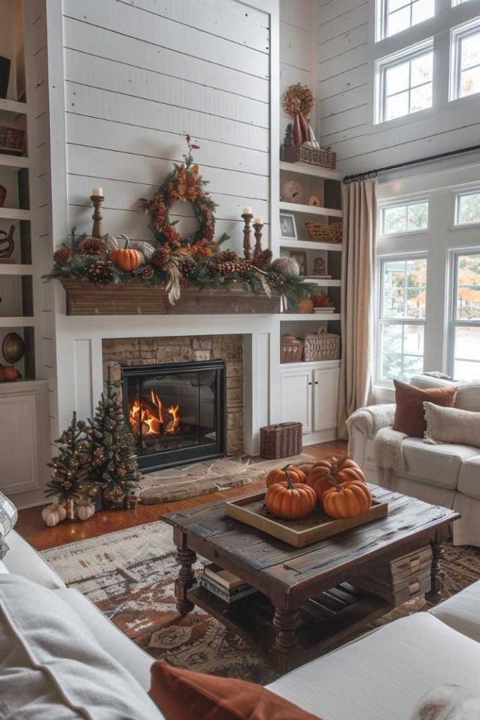 A cozy living room with a stone fireplace decorated with fall decorations including pumpkins, candles and a wreath. A wooden coffee table with pumpkins as a centerpiece enhances the seasonal decor.