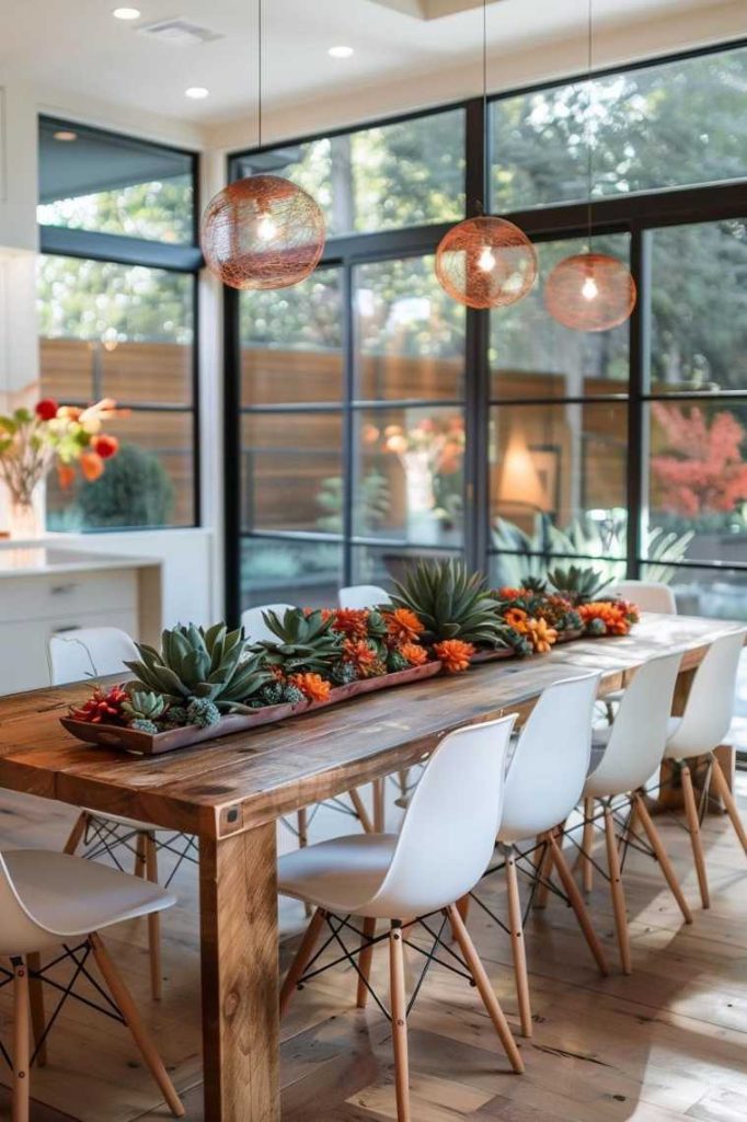 A modern dining room with a wooden table, white chairs and hanging lamps. The table is decorated with green and orange plant arrangements. Large windows let in natural light.