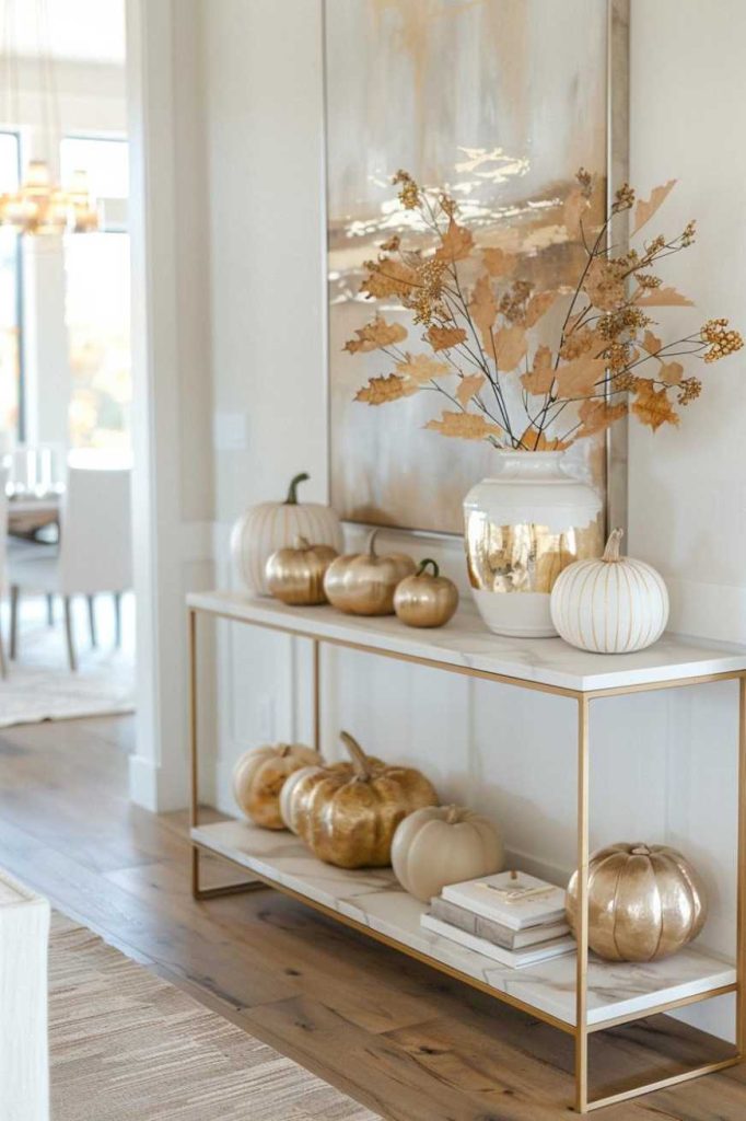 A console table with white and gold pumpkins, books and a vase with gold and white leaves in a bright, modern room.