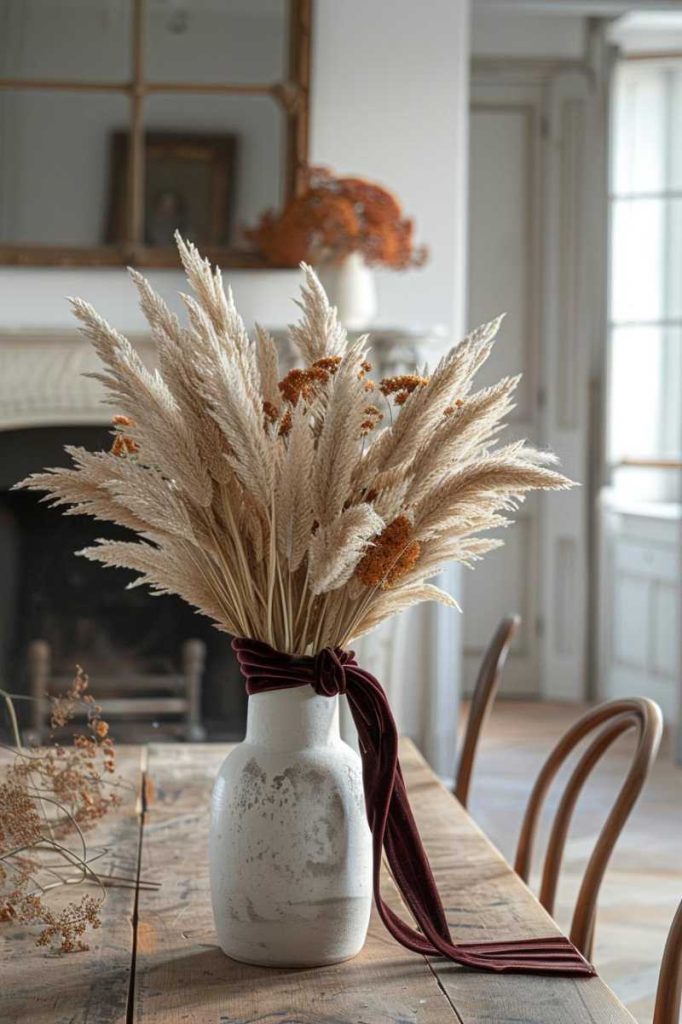 A white ceramic vase with a maroon ribbon holds a bouquet of dried pampas grass and small orange flowers, placed on a wooden table in a softly lit room.