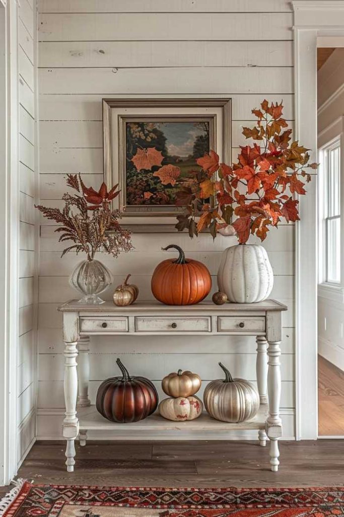 A decorated wooden console table with pumpkins and fall leaves, beneath a framed landscape painting, in front of a stepped wall in a well-lit foyer.