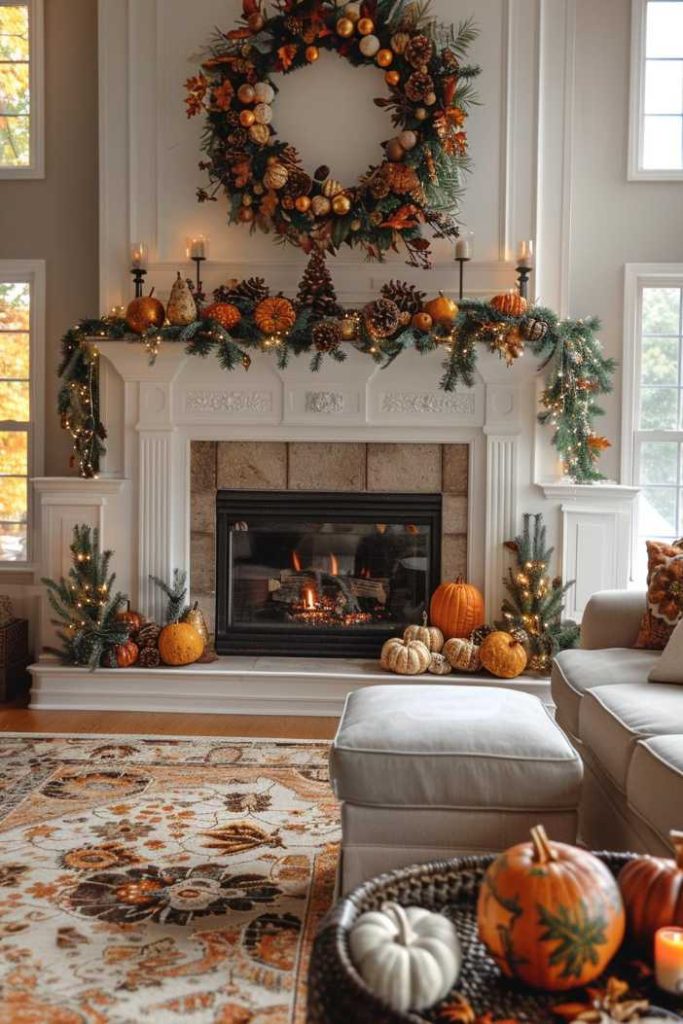 A cozy living room features a decorated fireplace with a large wreath, candles, pumpkins, and evergreen garland. The fireplace has a burning fire and is surrounded by fall decorations, including more pumpkins.