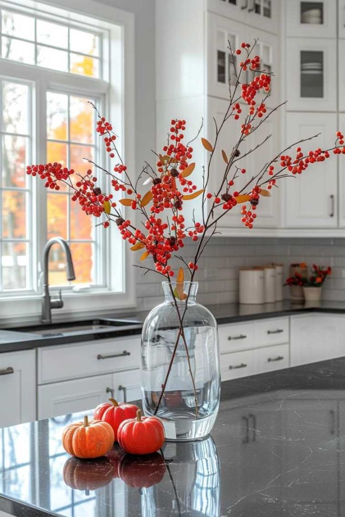 A vase with red berry branches and three small pumpkins stand on a black countertop in a modern kitchen. White cabinets and a large window provide a clean, bright backdrop.