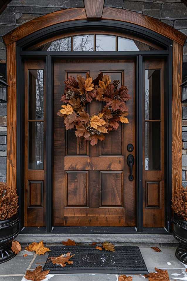 A wooden front door with side windows is decorated with an autumn wreath of leaves and pine cones. There are fallen leaves on the doorstep, both real and artificial.