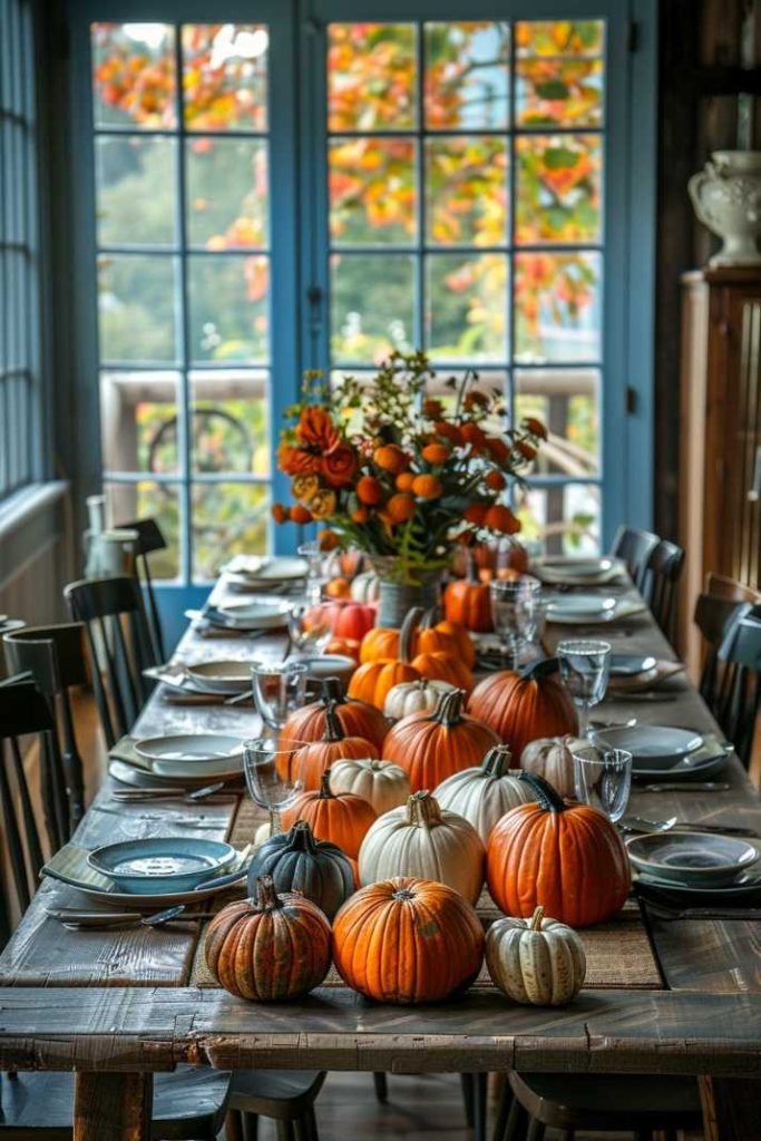 A dining table decorated with various pumpkins, plates and glasses, set for a meal. A floral centerpiece in fall colors. Large windows in the background show autumn leaves.