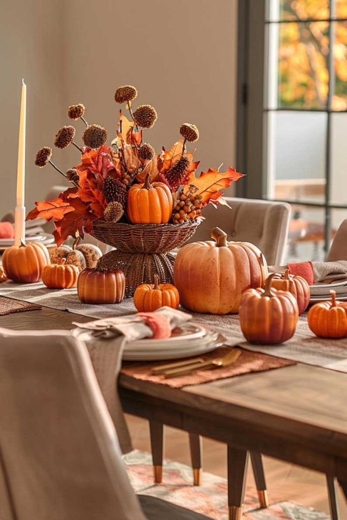 A dining table is decorated for autumn with small pumpkins, candles and a centerpiece made of autumn leaves and flowers. There are place settings for a meal. The table is in a bright room with large windows.