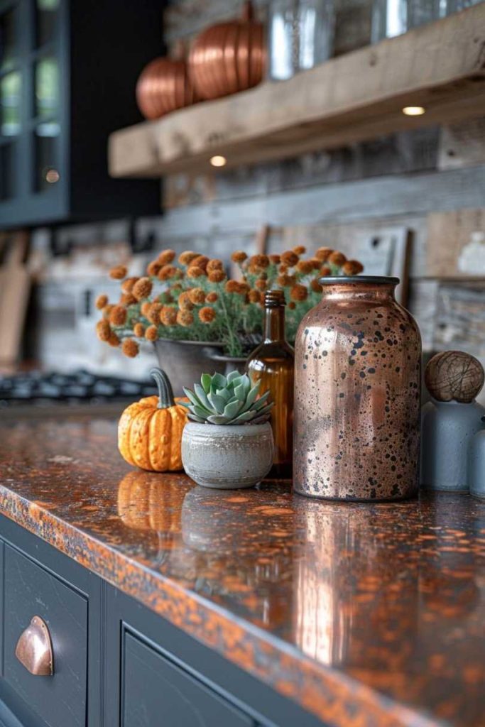 Kitchen countertop with various decorative items including a copper vase, a succulent pot, pumpkins and flowers in a rustic setting.