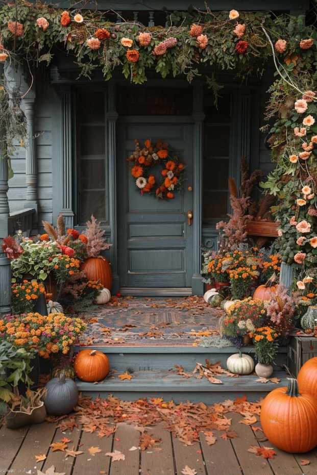 Autumn decorated porch with pumpkins, colorful flowers and a wreath on the door. There are scattered leaves on the wooden steps and sidewalk.