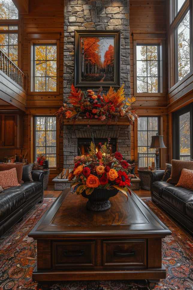 A cozy living room with tall windows, a stone fireplace and autumnal decor. A large floral arrangement sits on a wooden coffee table framed by black leather sofas with red cushions.