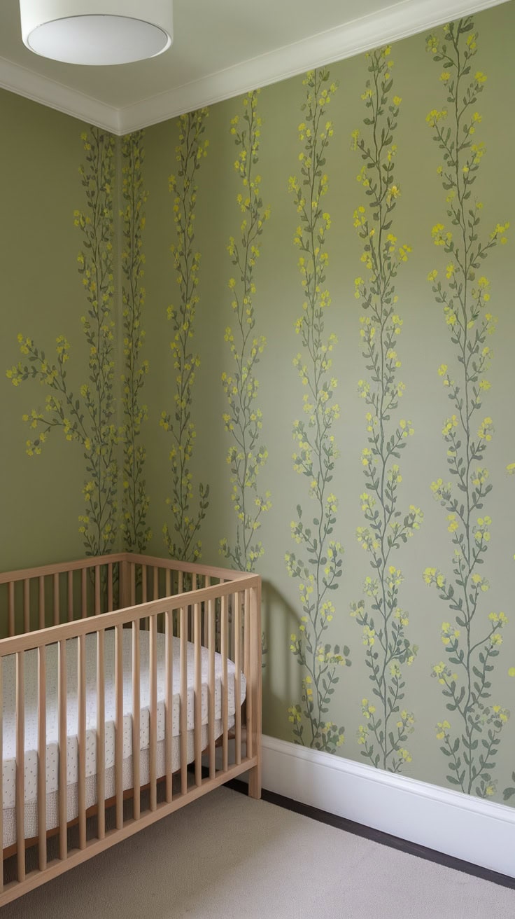 Sage green children's room with floral wallpaper and a wooden bed.