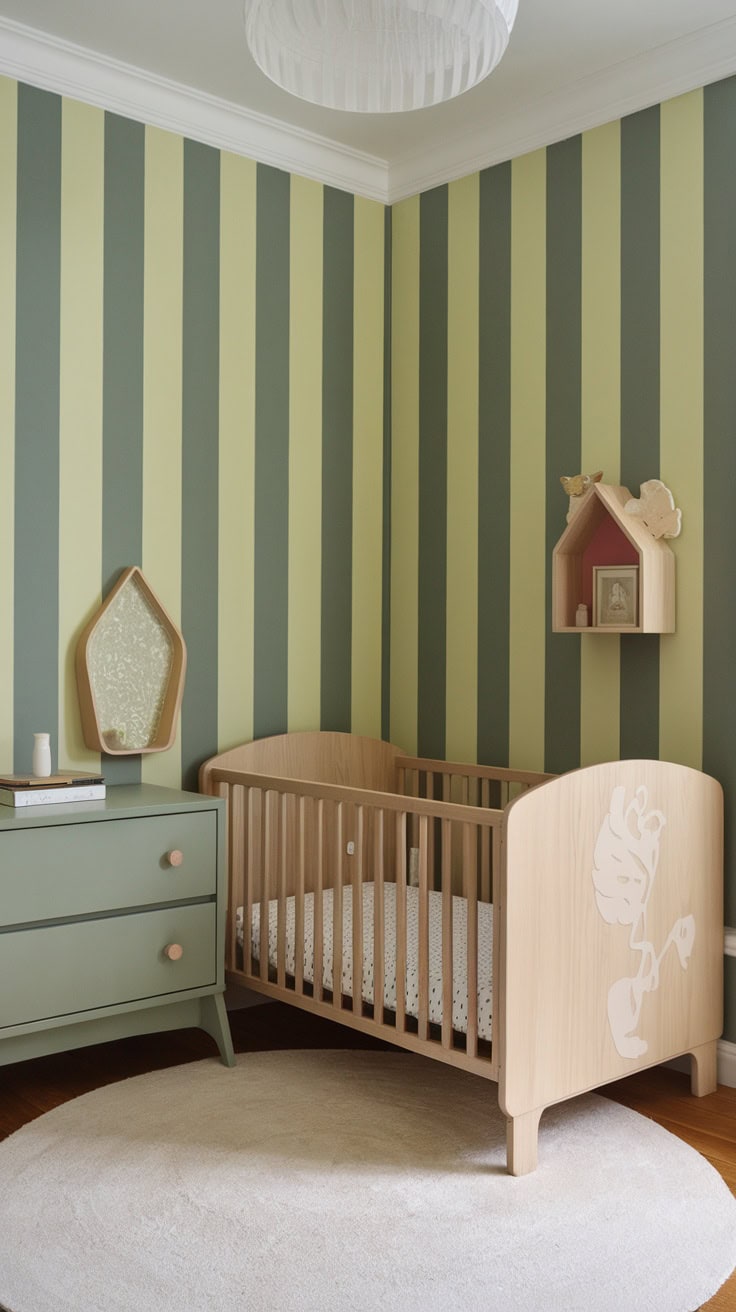 Children's room with striped walls in sage green and yellow, with a wooden cot and a green chest of drawers.