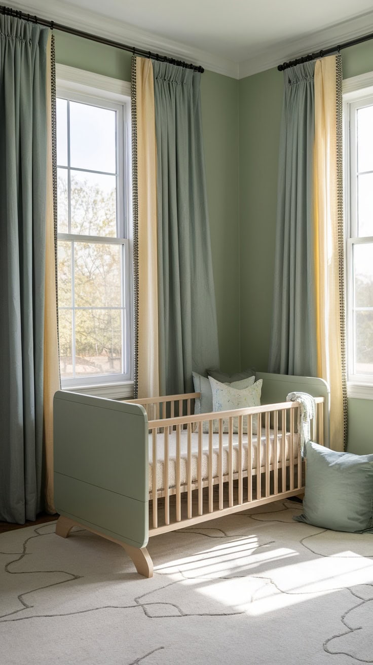 A child's room with sage green and yellow curtains, a crib and soft decorations.