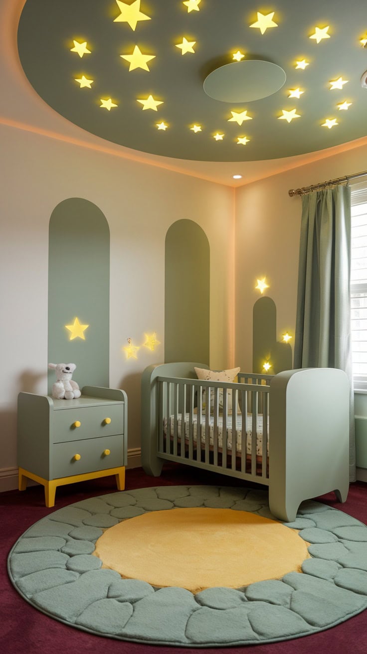 Children's room with sage green ceiling and yellow star lights.