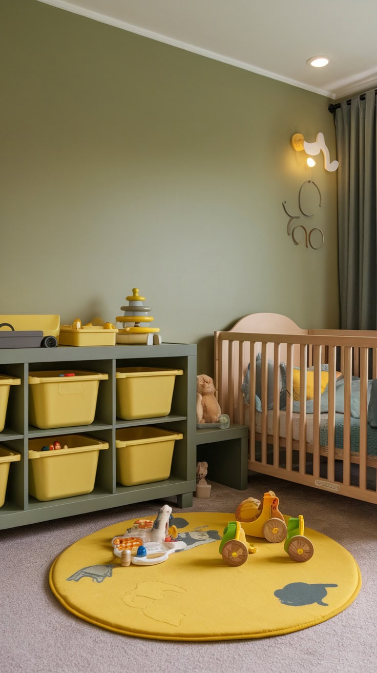 A child's room with sage green walls and yellow toy storage bins.